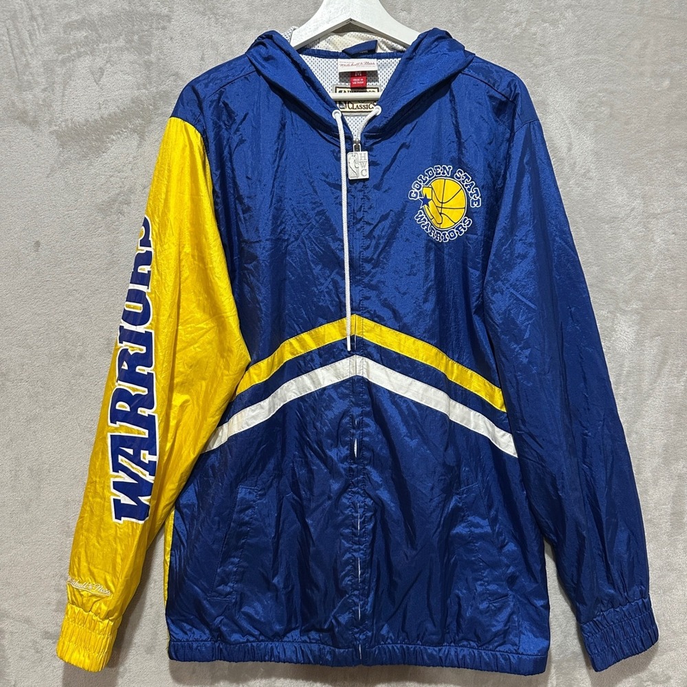 Mitchell & Ness Golden State Warriors Windbreaker Jacket Blue Yellow Mens Medium